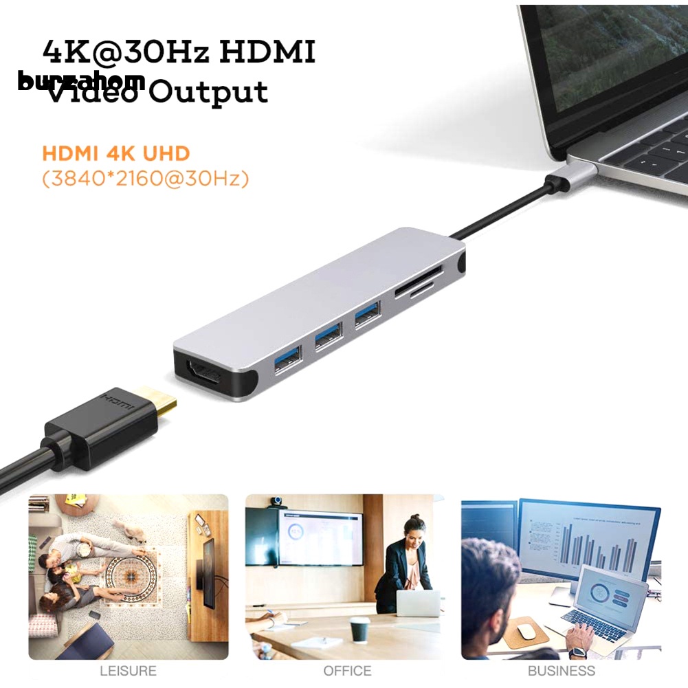 Đầu Chuyển Đổi 6 Trong 1 Type C Sang HDMI 4K 3 Cổng USB Cho Thẻ Micro-SD