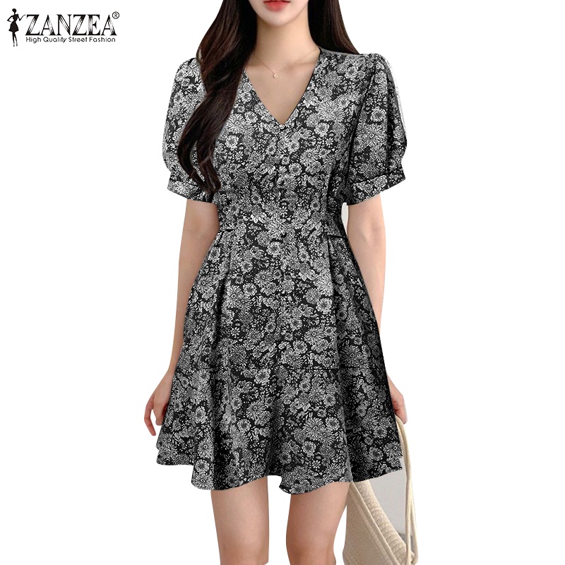 Zanzea Đầm Chữ A Cổ V Tay Phồng Xếp Ly Kiểu Hàn Quốc Thời Trang Cho Bạn Gái