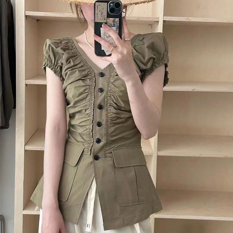 Áo Sơ Mi Không Tay Cổ Chữ V Xếp Ly Cài Khuy Thời Trang Mùa Hè Cao Cấp