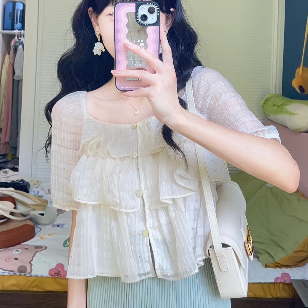 Áo Ngắn Tay Cổ Vuông Phong Cách Mới Mùa Hè 2023 + Quần Dài Nhẹ Nhàng Cho Nữ