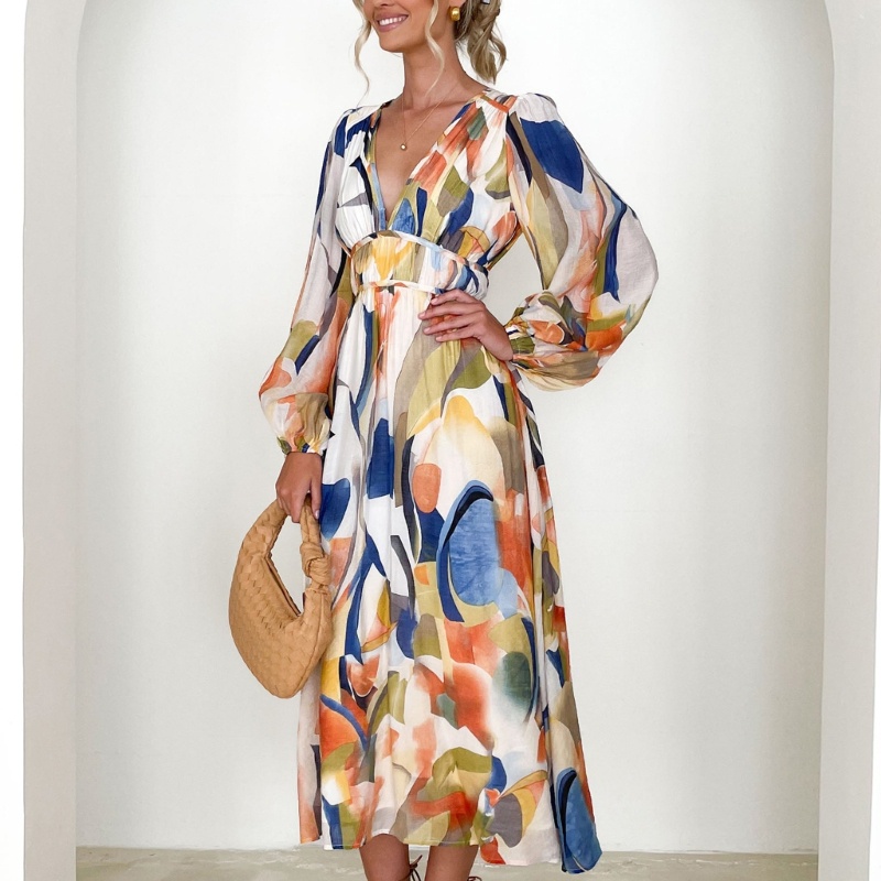 Đầm Dài Tay Phồng Cổ Chữ V In Hoa Thời Trang Mùa Hè Thanh Lịch Dành Cho Nữ