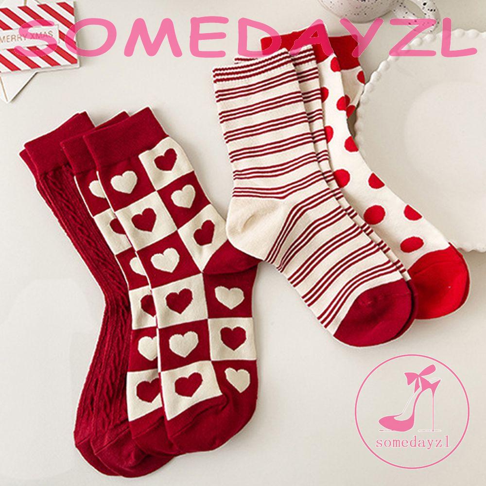 Vớ Cotton Màu Đỏ Họa Tiết Chấm Bi / Trái Tim Ngọt Ngào Thời Trang Cho Nữ