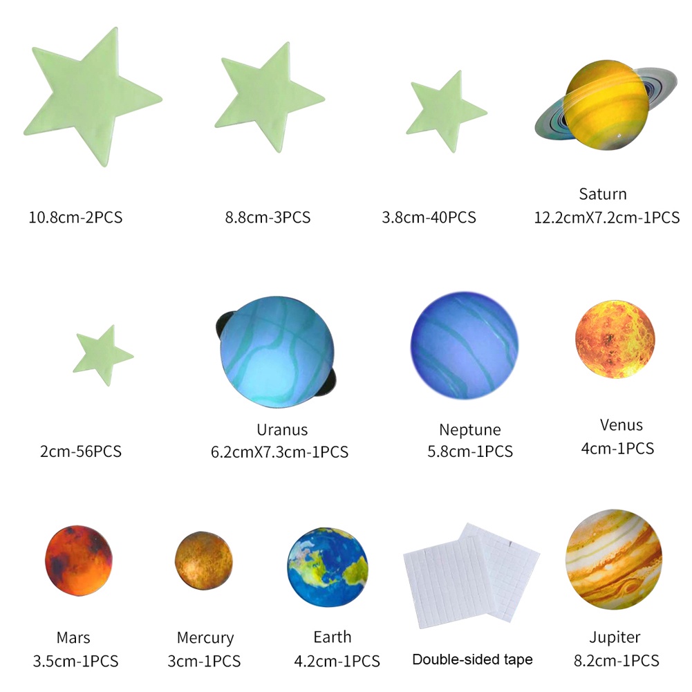 Miếng Dán Tường Trang Trí Hình Hành Tinh Ngôi Sao Màu Dạ Quang