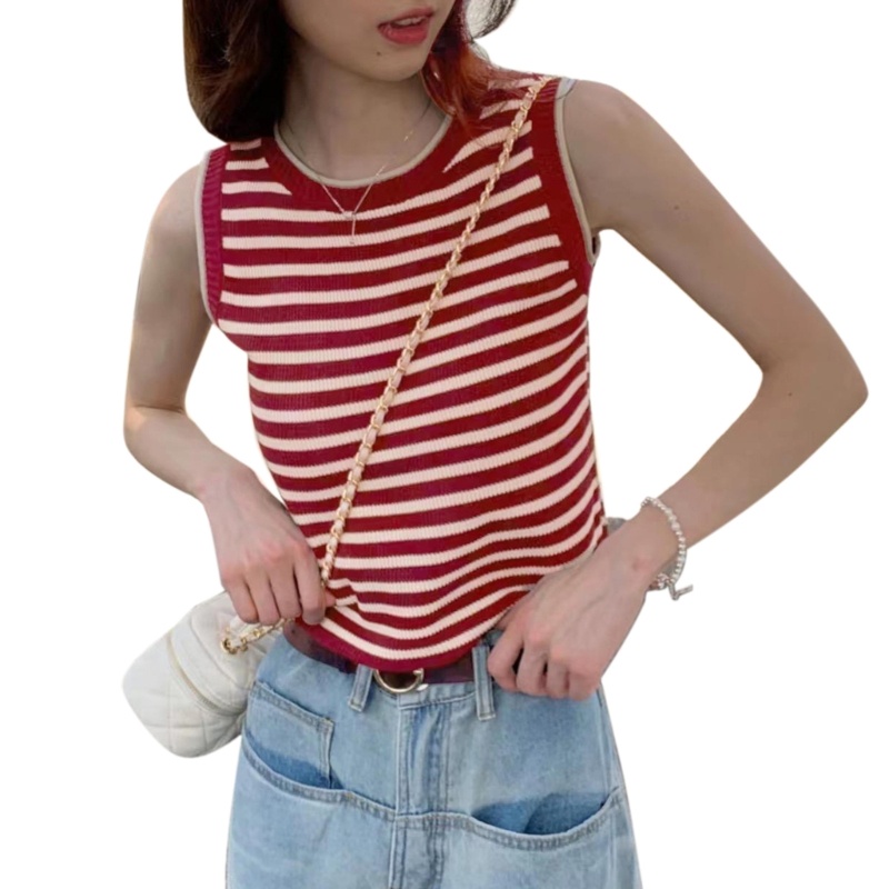 Áo Croptop Dệt Kim Sát Nách Cổ Tròn Họa Tiết Kẻ Sọc Phong Cách Retro Cho Nữ