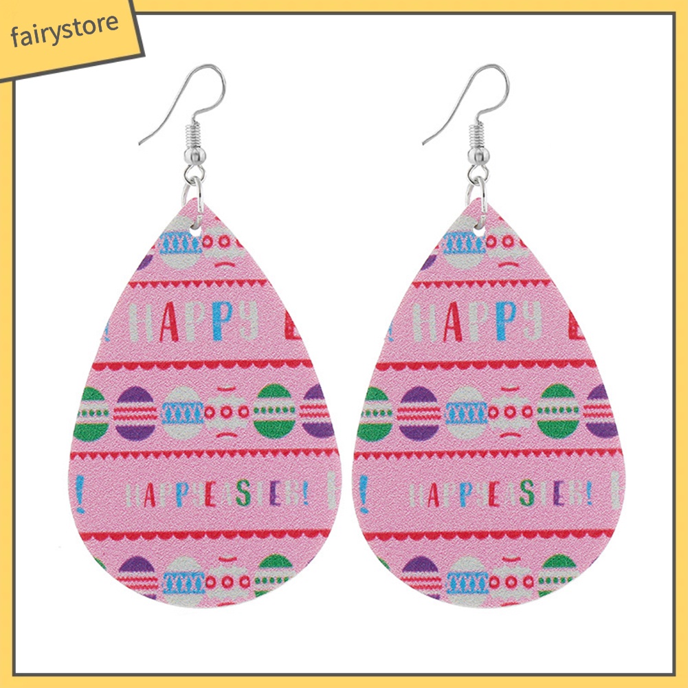 Bông Tai Giả Da Hình Giọt Nước Họa Tiết Thỏ Phục Sinh Dành Cho Nữ