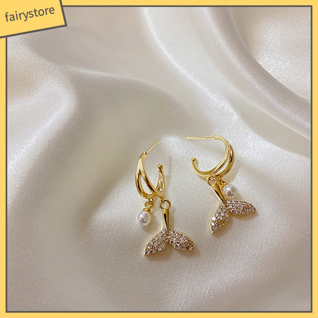 1 Đôi Bông Tai Hình Đuôi Cá Đính Ngọc Trai Giả Bằng Hợp Kim Phong Cách Vintage Dành Cho Nữ