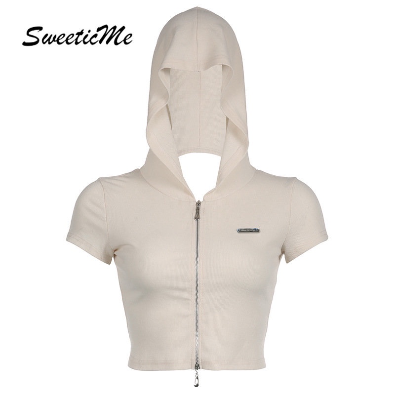 Áo Hoodie Tay Ngắn Màu Trơn Dáng Ôm Hở Lưng Phối Khóa Kéo Thời Trang 2023 Cho Nữ