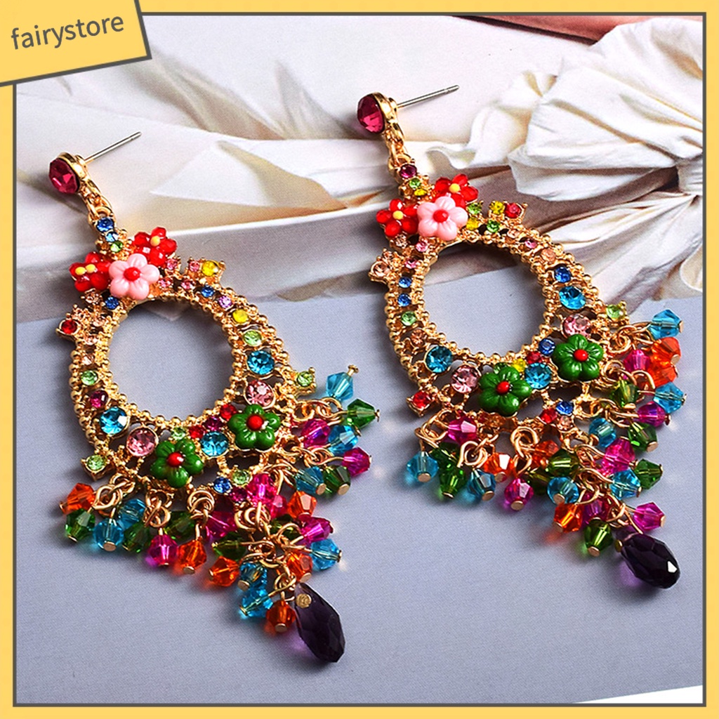 1 Cặp Bông Tai Tua Rua Đính Đá Nhiều Màu Phong Cách Bohemian