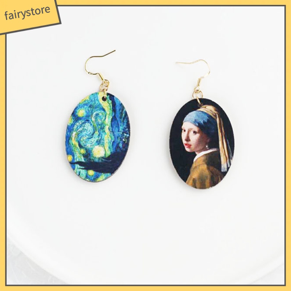 [FRO] Khuyên Tai Móc Bằng Gỗ Tráng Men Họa Tiết Tranh Sơn Dầu Không Đối Xứng Nich