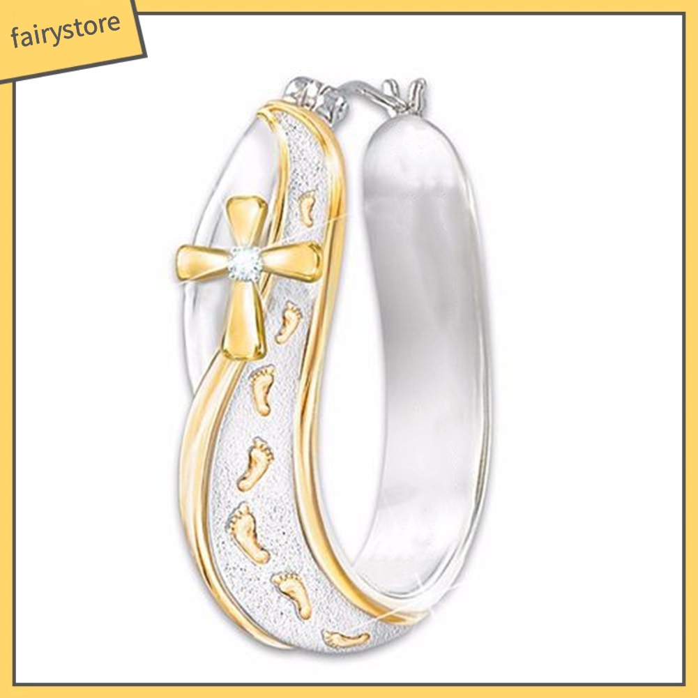 [FRO] Khuyên Tai Vòng Đính Đá Hình Dấu Chân Chữ Thập Hai Màu Thời Trang Cho Nữ