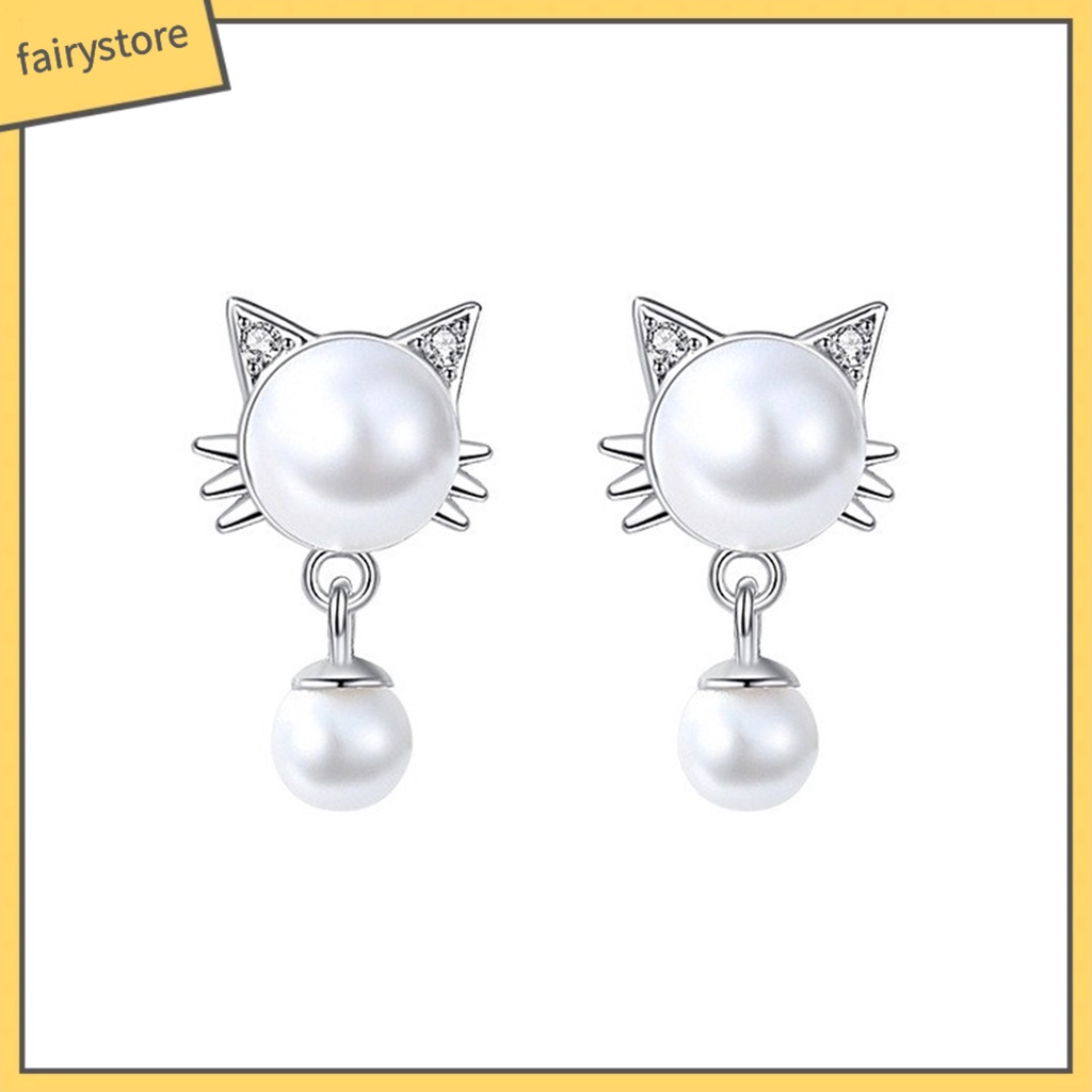 [FRO] 1 Đôi Bông Tai Dạng Treo Hình Mèo Trắng Bắt Mắt Chống Mài Mòn Trang Trí Hạt Charms