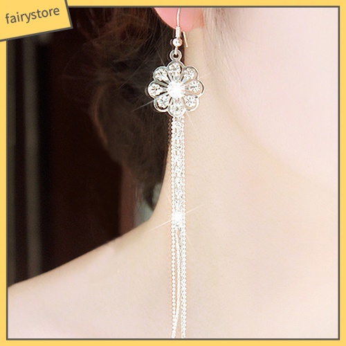 Bông Tai Dài Hình Hoa Đính Đá Dạng Móc Tua Rua Lấp Lánh Cho Nữ