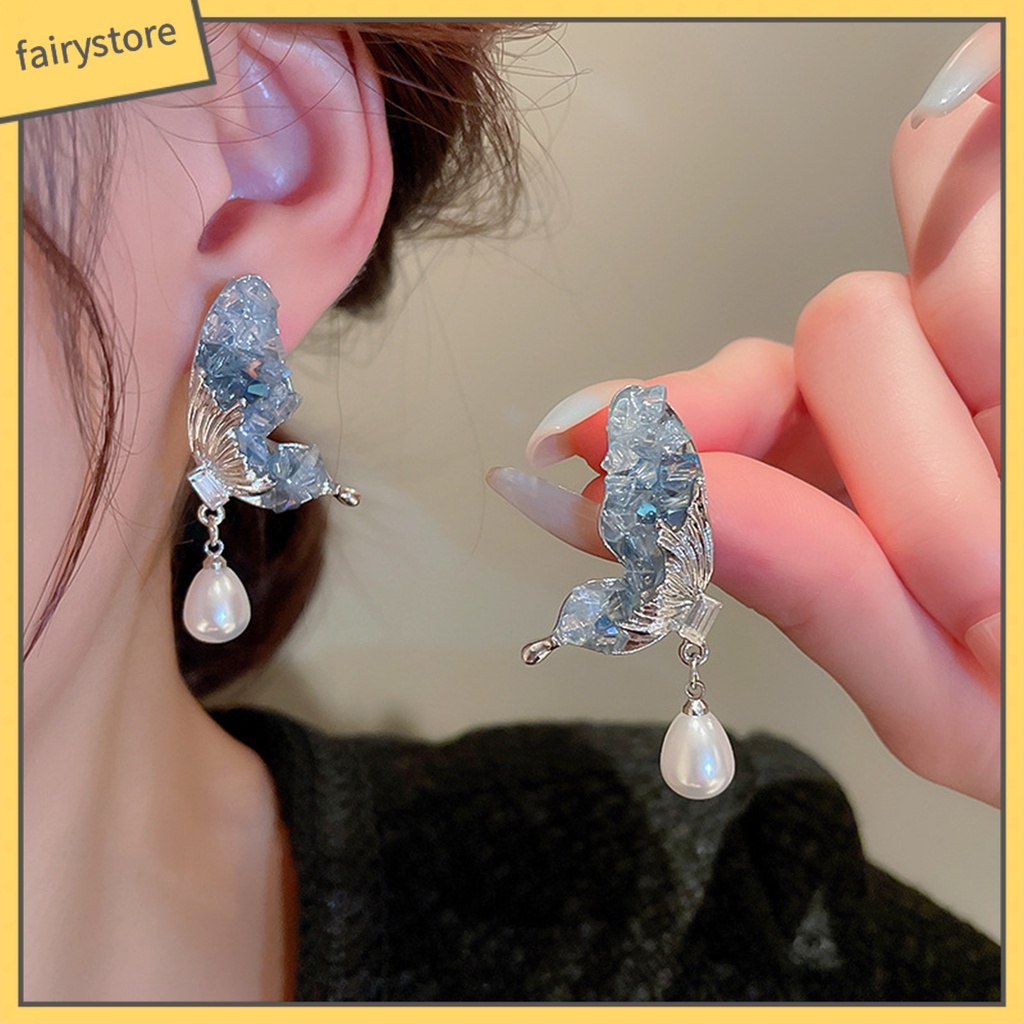 1 Đôi Bông Tai Hình Học Họa Tiết Bướm Đính Đá Sáng Bóng Sang Trọng