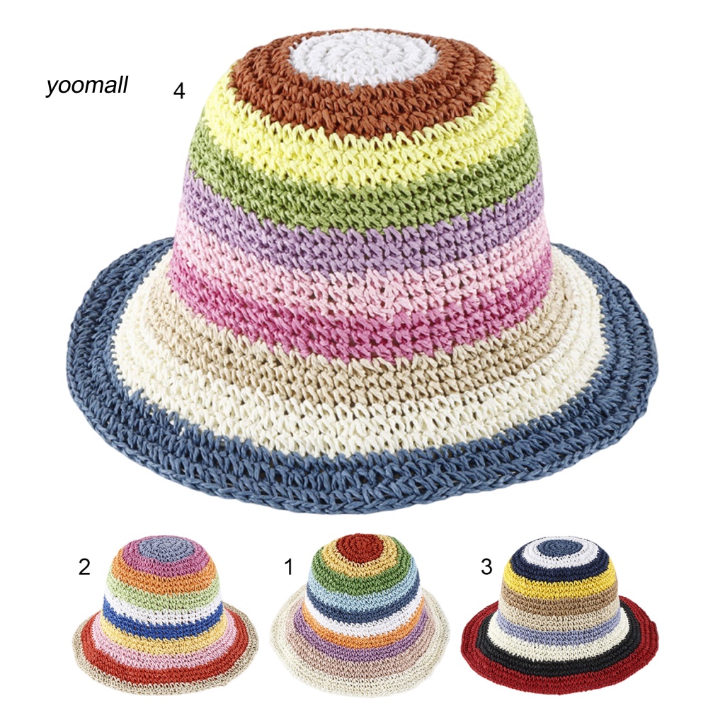 Mũ Đan Rơm Chống Nắng Nhiều Màu Sắc Họa Tiết Kẻ Sọc Cho Nữ