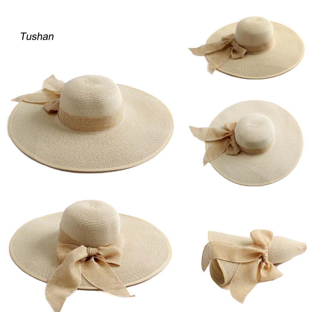 Mũ Cói Rộng Vành Mềm Mại Thấm Hút Mồ Hôi Chống Tia UV Màu Trơn Đính Nơ Ruy Băng Gấp Gọn Thời Trang Đi Biển Mùa Hè