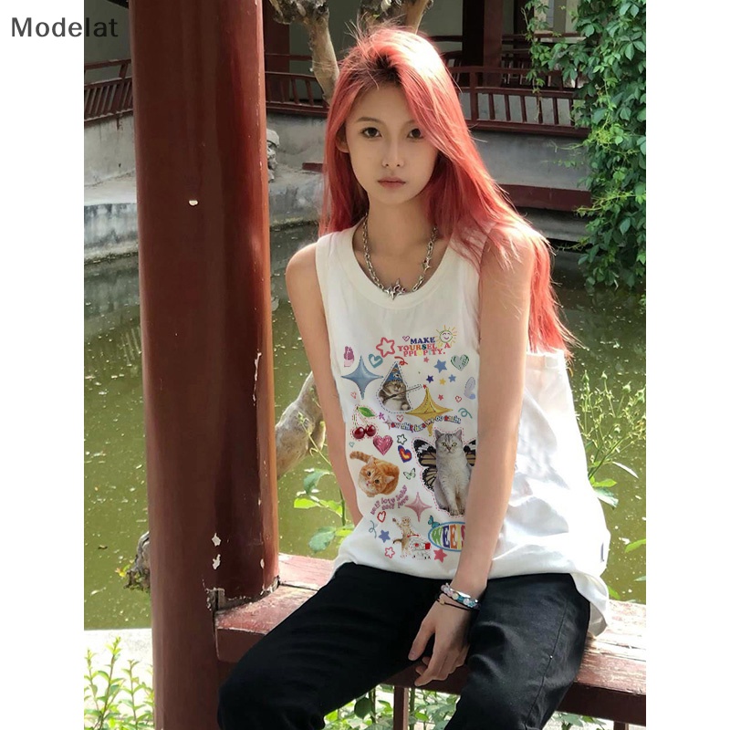 Áo Sát Nách Cổ Tròn Dáng Rộng In Họa Tiết Mèo Kiểu Retro Mỹ Thời Trang Mùa Hè Cho Nữ