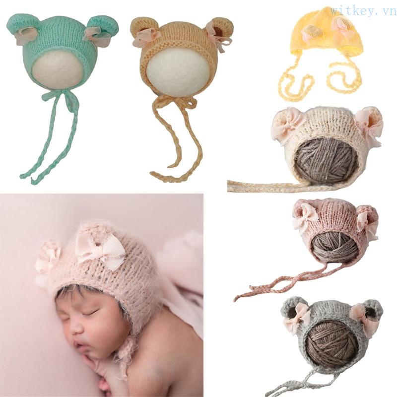 Mũ Beanie Đan Len Đính Nơ Dễ Thương Dùng Làm Phụ Kiện Chụp Ảnh Cho Bé Sơ Sinh