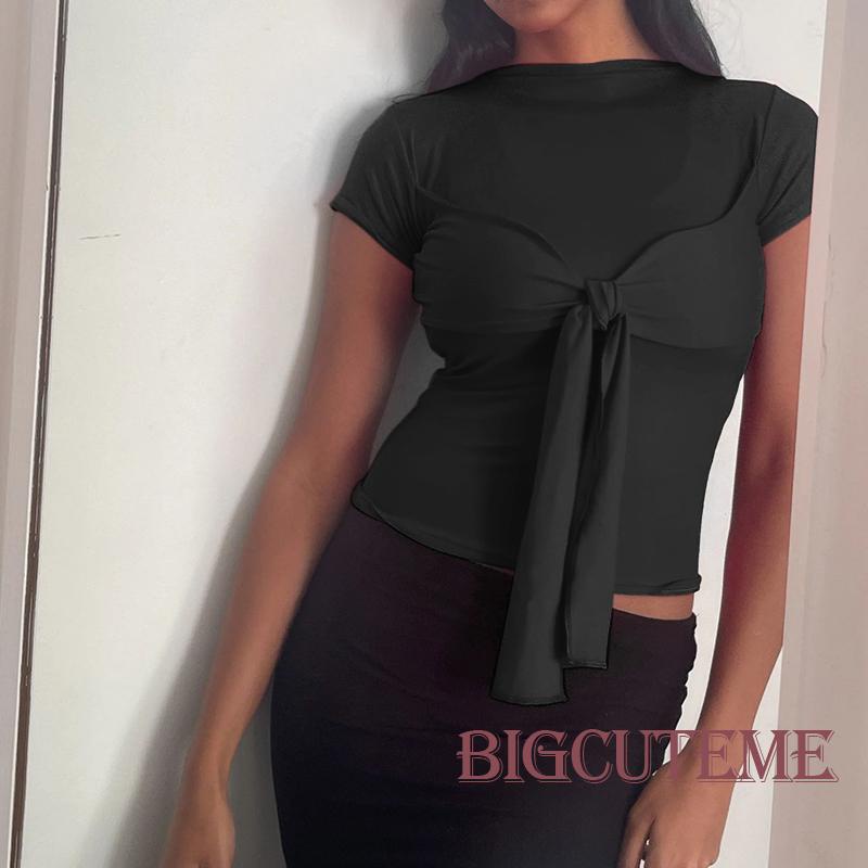 Áo Thun Ngắn Tay Cổ Tròn Màu Trơn Thắt Nút Đơn Giản Cho Nữ