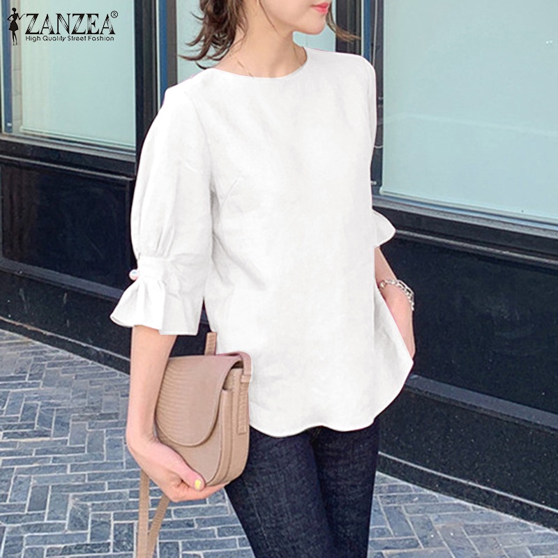 Zanzea Áo Thun Nữ Tay Lửng Cổ Tròn Màu Trơn Phong Cách Hàn Quốc