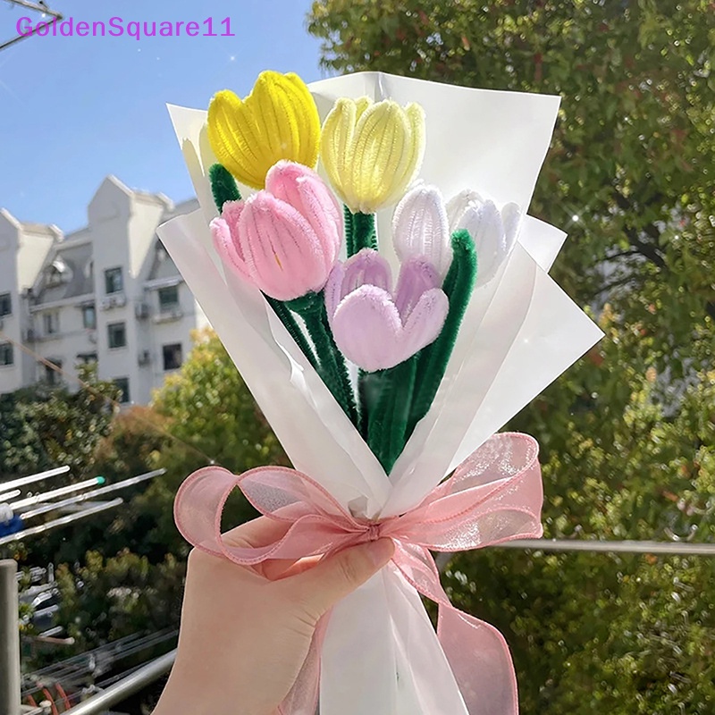 Hoa Tulip Vàng Đan Bằng Tay Hoàn Thiện Với Sợi Móc Giả