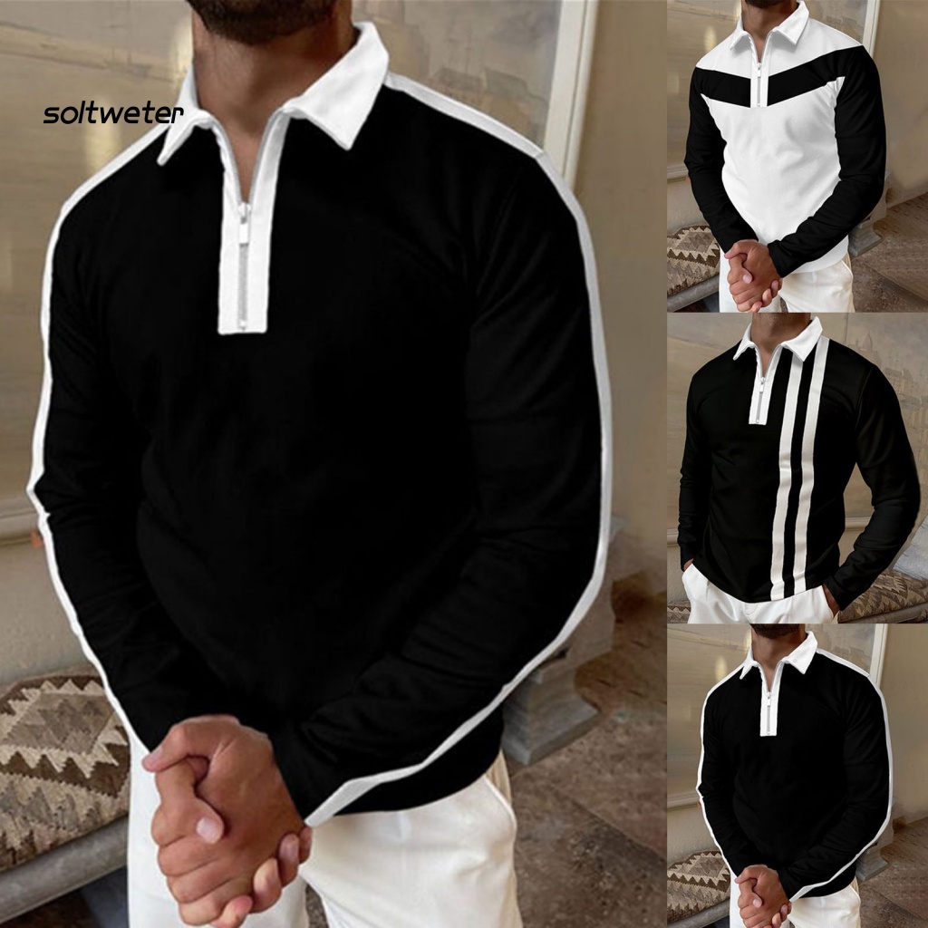 Áo Sơ Mi Nam Cổ Bẻ Kẻ Sọc Màu Tương Phản Có Khóa Kéo Thích Hợp Mặc Hàng Ngày