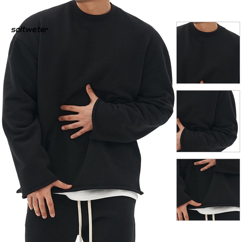 Áo Nỉ Chui Đầu Dáng Rộng Cổ Tròn Viền Nhung Màu Trơn Giản Dị Dành Cho Bạn Nam Chạy Bộ