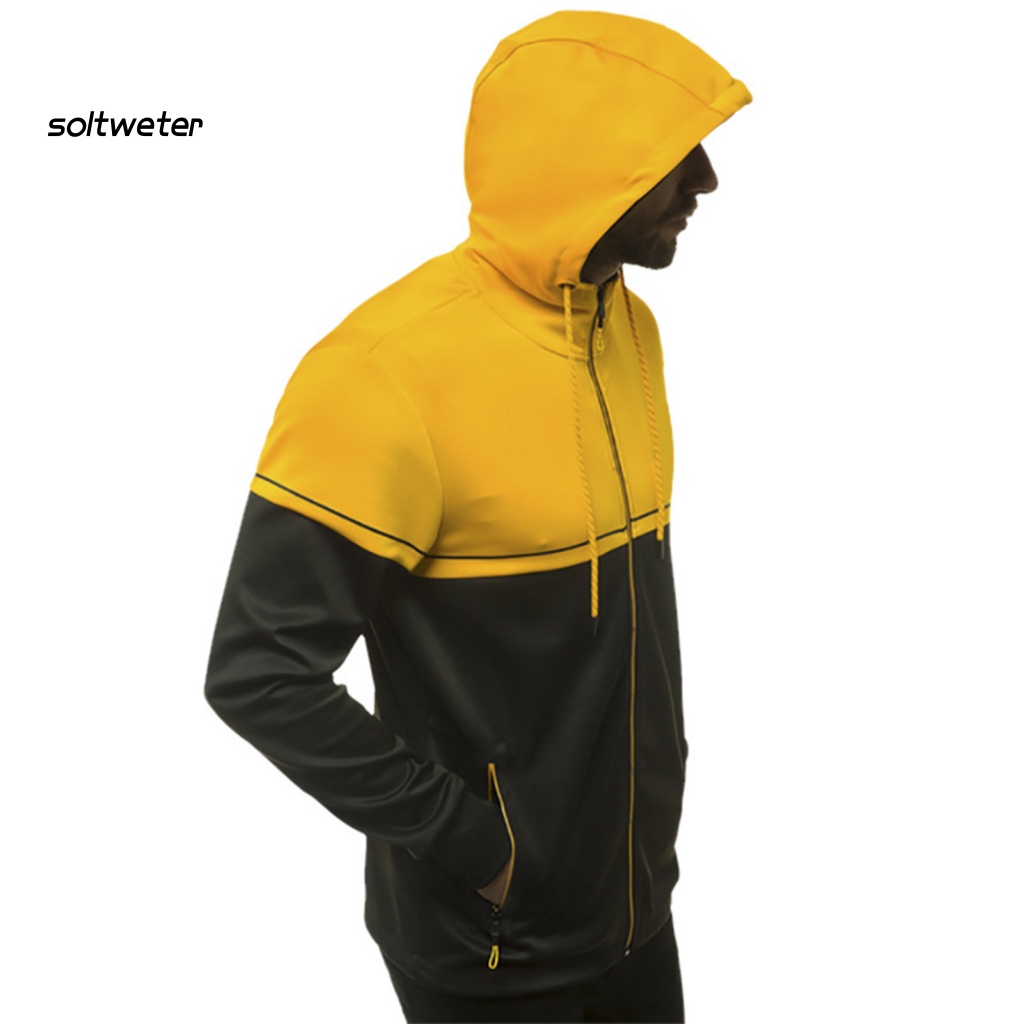 Áo Khoác Trùm Đầu Có Khóa Kéo Màu Sắc Tương Phản Giữ Ấm Có Túi Trước Cho Nam Mặc Hàng Ngày
