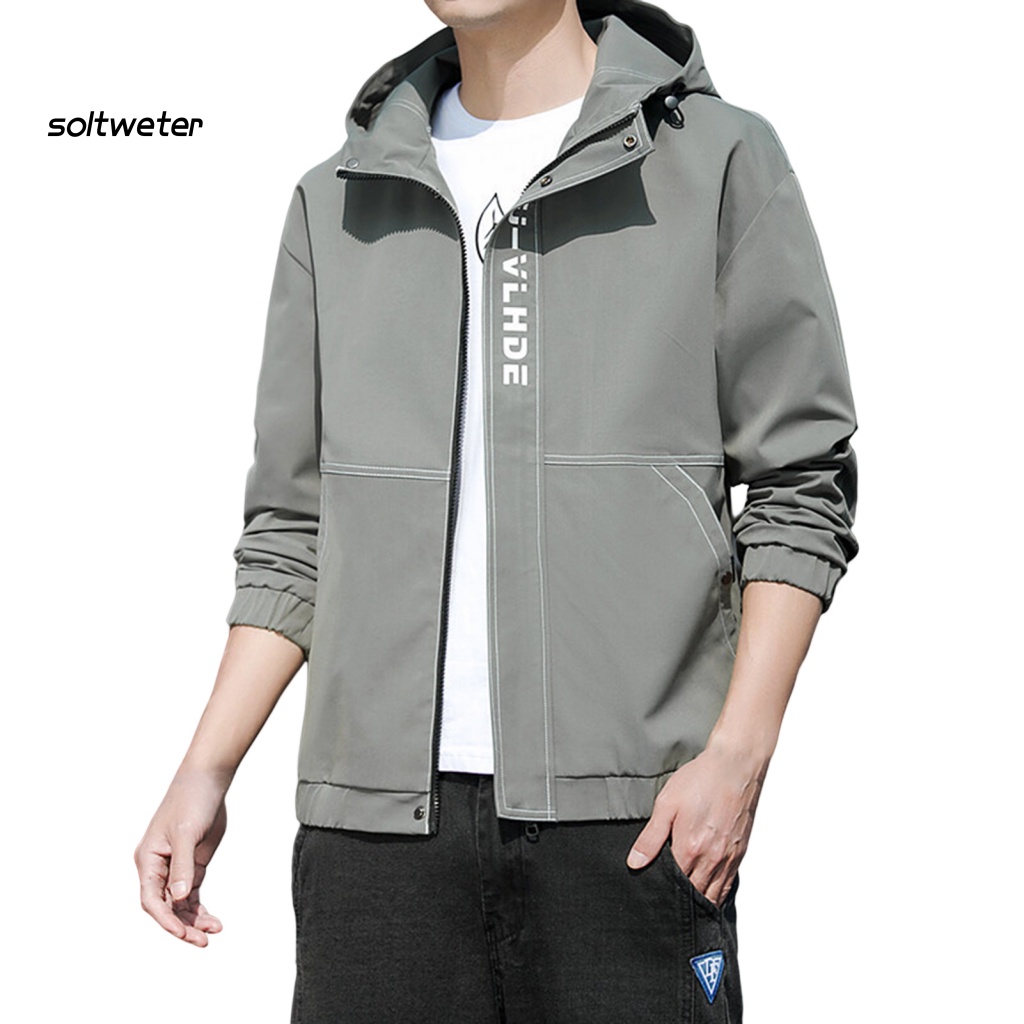 Áo Khoác Gió Màu Sắc Đơn Giản Có Mũ Trùm Phối Dây Rút Co Giãn Tốt Thời Trang Đường Phố Cho Nam