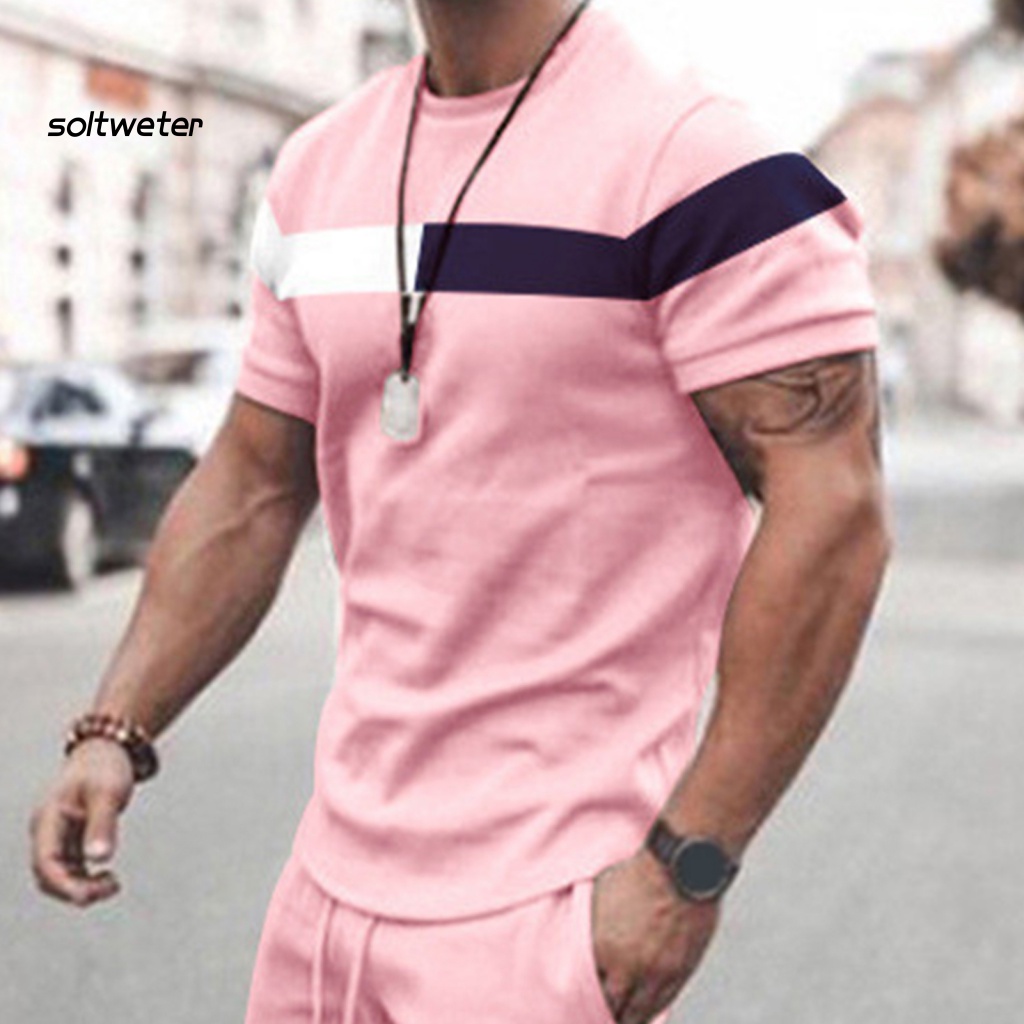 Bộ Đồ Thể Thao 2 Món Áo Thun Cổ Tròn Phối Quần Short Lưng Thun Màu Sắc Tương Phản Thời Trang Mùa Hè Cho Nam