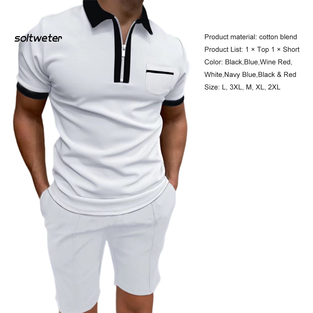 1 Bộ Áo Cổ Bẻ + Quần Short Lưng Thun Màu Sắc Tương Phản Thời Trang Đi Biển Mùa Hè Cho Nam