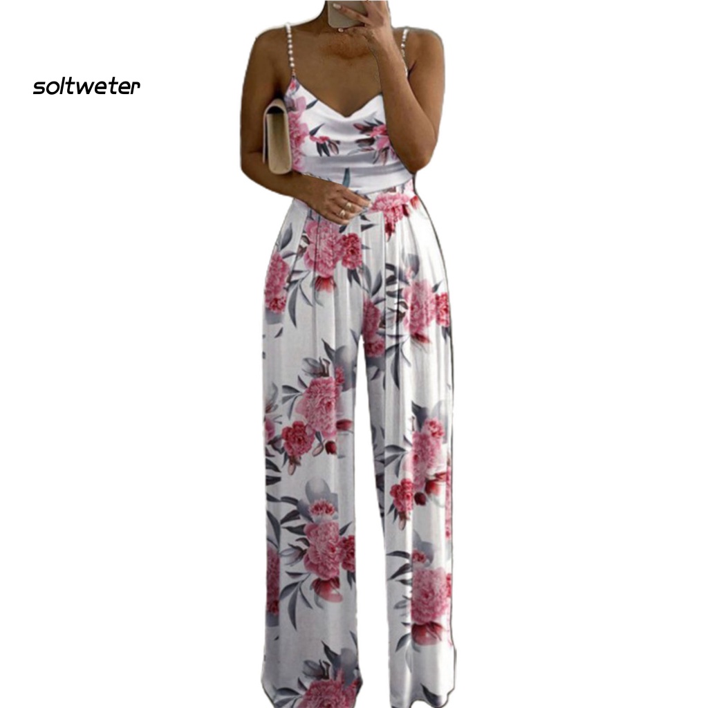 Bộ Áo Liền Quần Hai Dây Dáng Rộng In Hoa Đính Ngọc Trai Nhân Tạo Thời Trang Đường Phố Cho Nữ