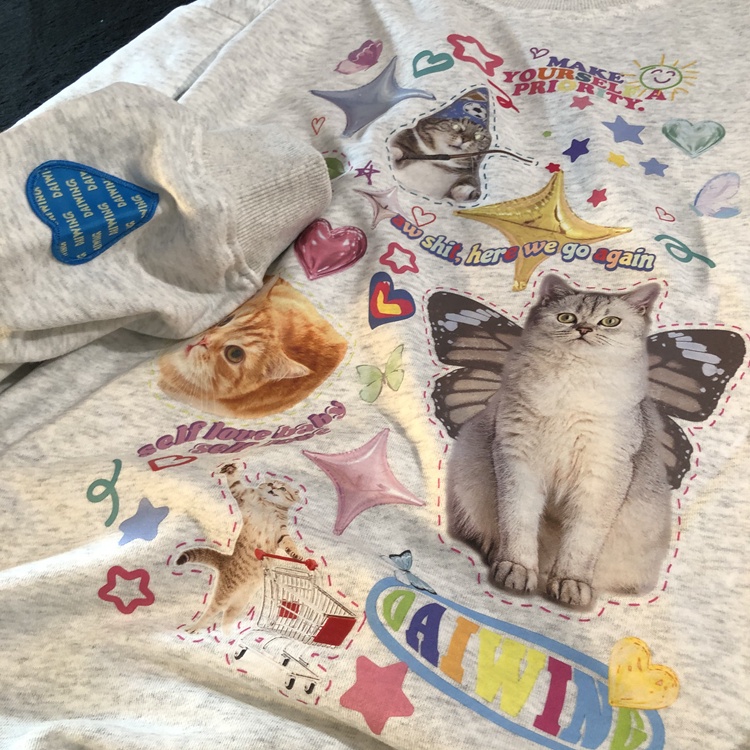 Áo sweater Tay Dài Cổ Tròn in Hình Mèo Dễ Thương Size 3XL Thời Trang Xuân Thu Cho Nam Và Nữ
