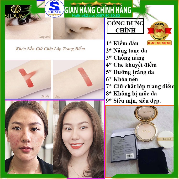 Phấn phủ kiềm dầu nâng tone dưỡng trắ da loại xịn hàn quốc chính hãng Sidumi phấn phủ dạng nén chống nắng siêu mịn tốt