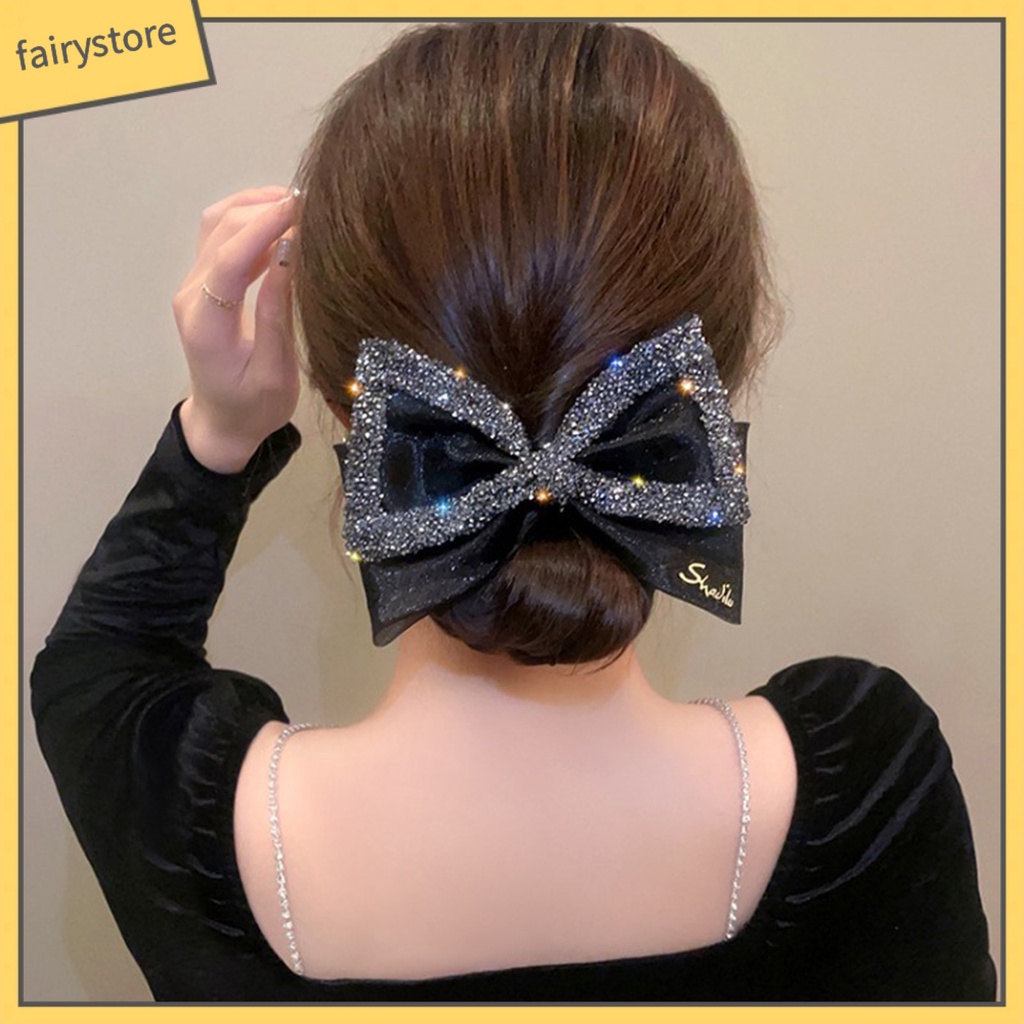 Kẹp Tóc Trang Trí Nơ Lưới Lớn Đính Đá Lấp Lánh Chống Trượt