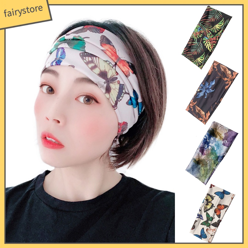 Băng Đô Cài Tóc Bản Rộng Co Giãn In Họa Tiết Hoa Lá / Bướm Thời Trang Cho Nữ
