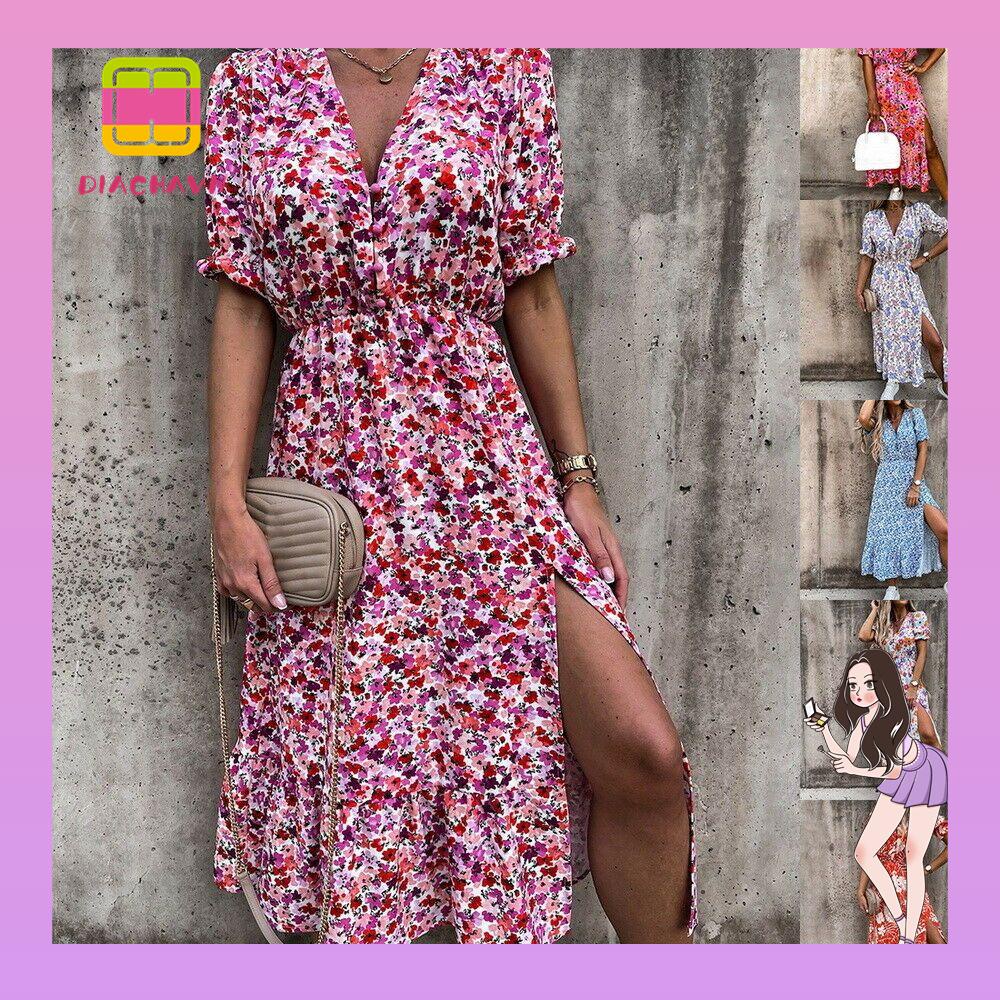 Đầm Tay Ngắn Cổ Chữ V Thời Trang Mùa Hè Phong Cách Boho