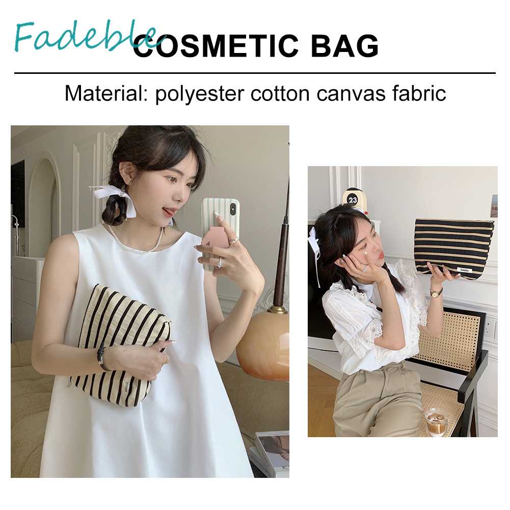 Túi Đựng Mỹ Phẩm Bằng Vải Canvas Họa Tiết Kẻ Sọc Sức Chứa Lớn Tiện Dụng Cho Nữ