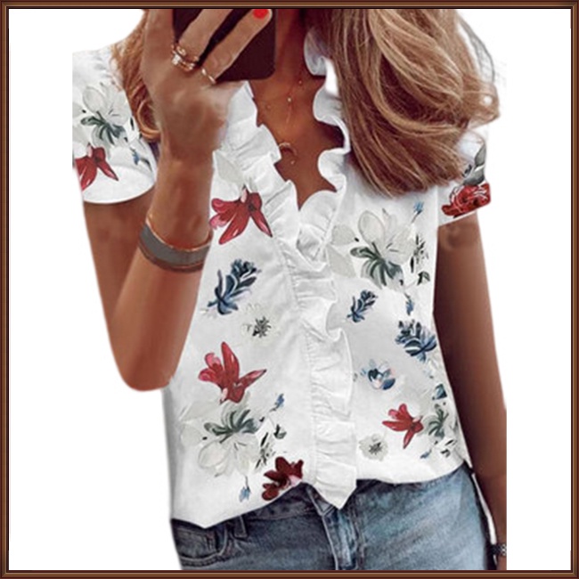 Áo Kiểu Tay Ngắn Phối Bèo In Họa Tiết Hoa Thanh Lịch Thời Trang Mùa Hè Cho Nữ
