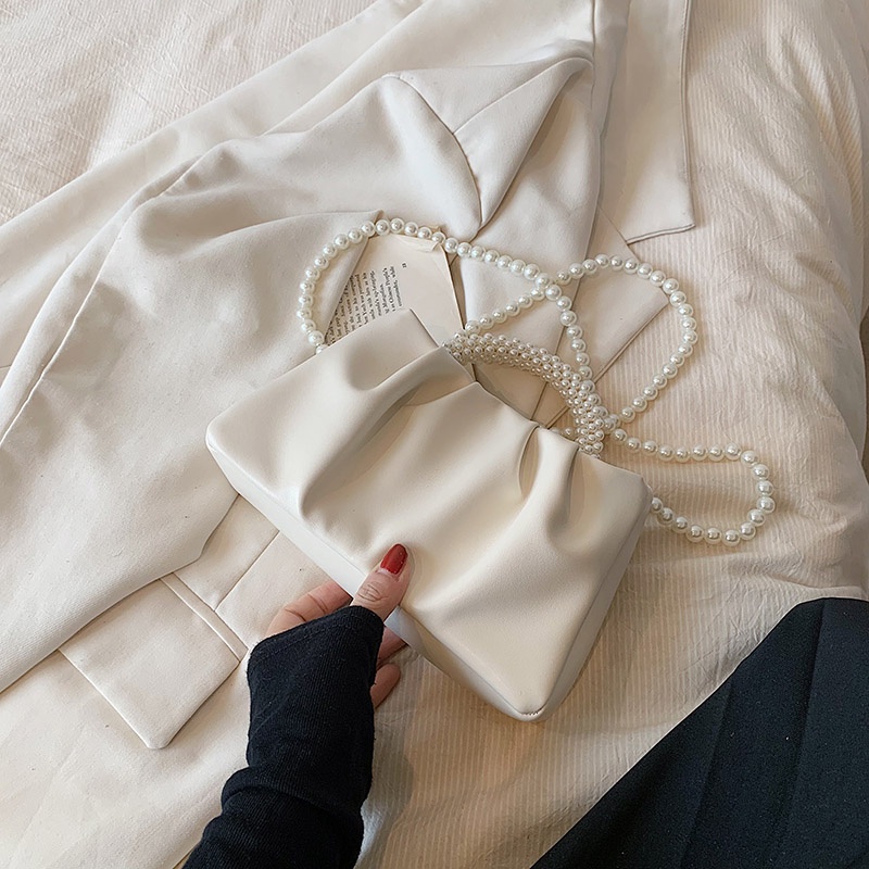 Túi Đeo Chéo Hình Đám Mây Xếp Ly Đính Ngọc Trai Thời Trang Dễ Phối Đồ Cho Nữ