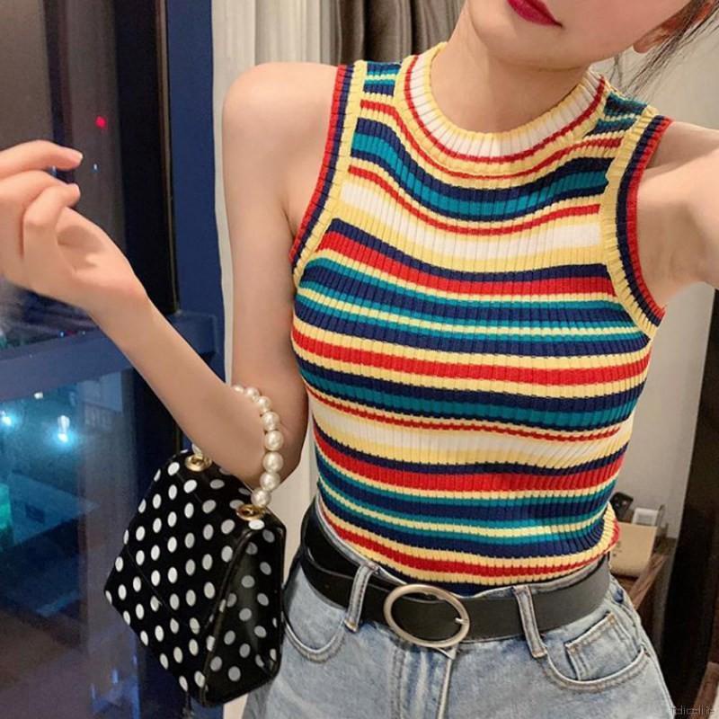 Áo Croptop Dệt Kim Sát Nách Kẻ Sọc Cầu Vồng Xinh Xắn Cho Nữ