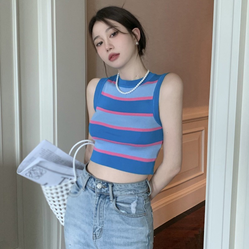 Áo Tank Top Hai Dây Cổ Tròn Họa Tiết Kẻ Sọc Phong Cách Hàn Quốc Thời Trang Quyến Rũ Cho Nữ