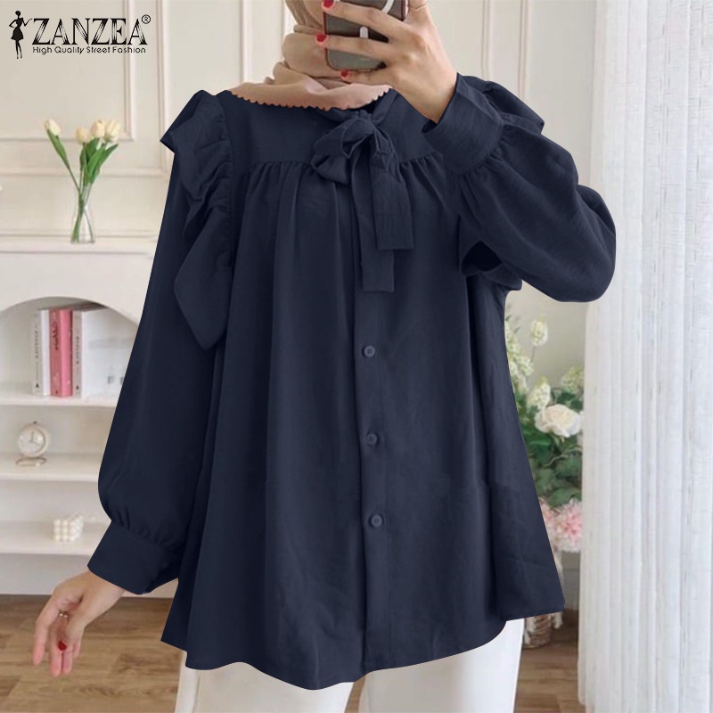 Zanzea Áo Sơ Mi Tay Dài Phồng Xếp Ly Cài Nút Trước Thời Trang Cho Nữ