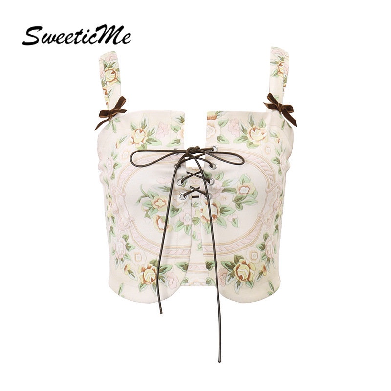 Áo Tank Top Dáng Ôm In Họa Tiết Đính Nơ Thời Trang 2023 Quyến Rũ Cho Nữ