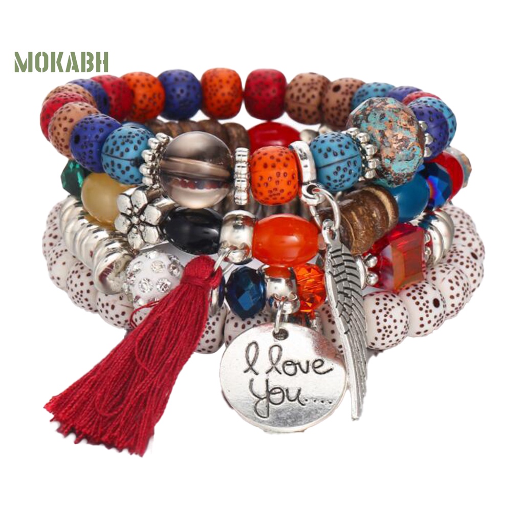 [Mok Abh] Bộ 4 Vòng Tay Chuỗi Hạt Nhiều Lớp Phong Cách Bohemian