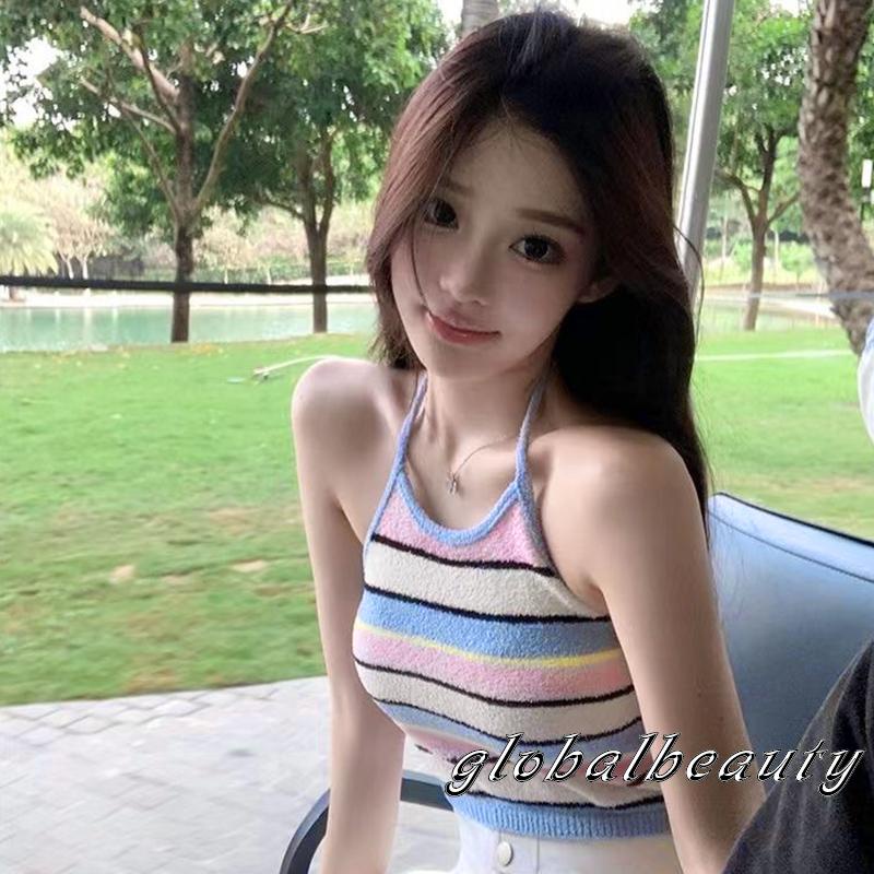 Áo Croptop Dệt Kim Không Tay Họa Tiết Kẻ Sọc Thời Trang Mùa Hè Cho Nữ