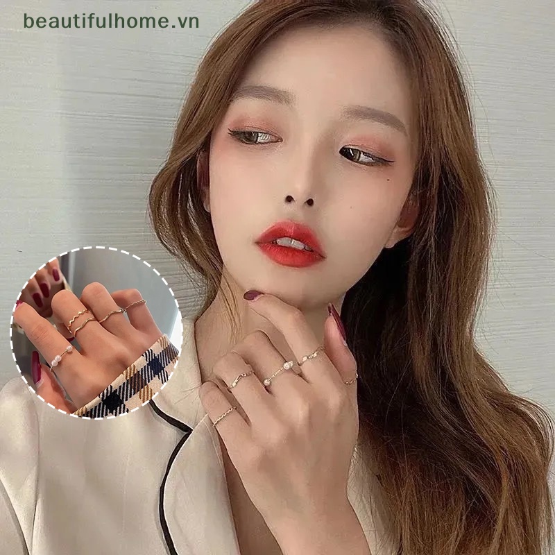 Bộ 5 Nhẫn Đeo Tay Đính Ngọc Trai Hình Lượn Sóng Phong Cách Hàn Quốc Thời Trang Cho Nữ