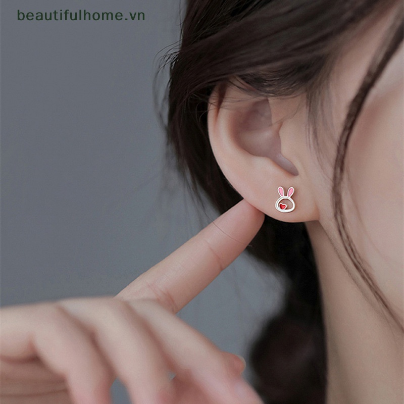 [beautifulhome] Bông Tai Hình Thỏ Trái Tim Màu Bạc Dễ Thương Dành Cho Nữ [beauty]