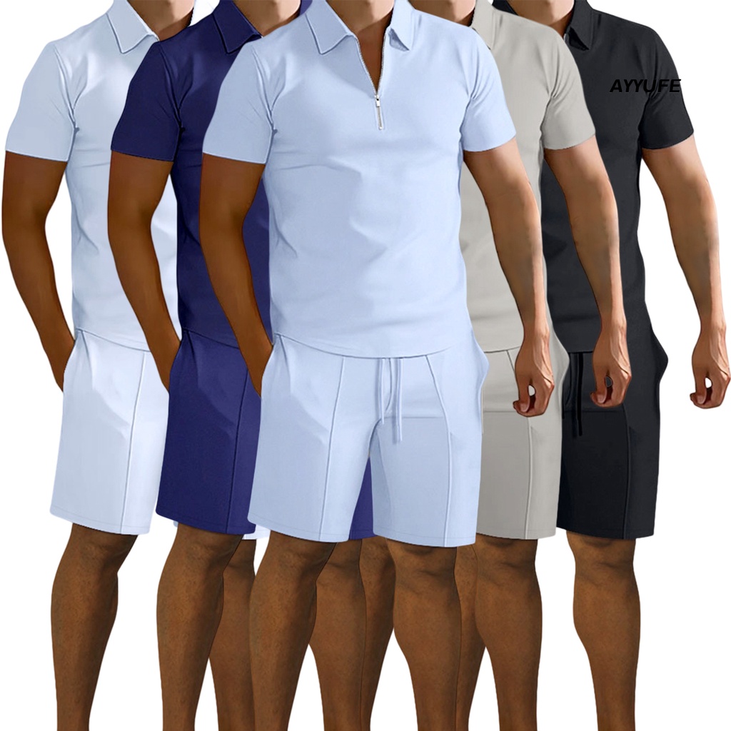 Bộ Áo Sơ Mi Ngắn Tay + Quần Short Dây Rút Eo Co Giãn Màu Trơn Thời Trang Mùa Hè Cho Nam