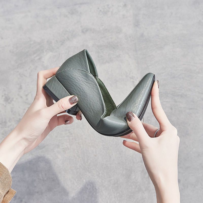 Giày Búp Bê Da Mềm Gót Dày Mũi Nhọn Thời Trang 2024 Cho Nữ