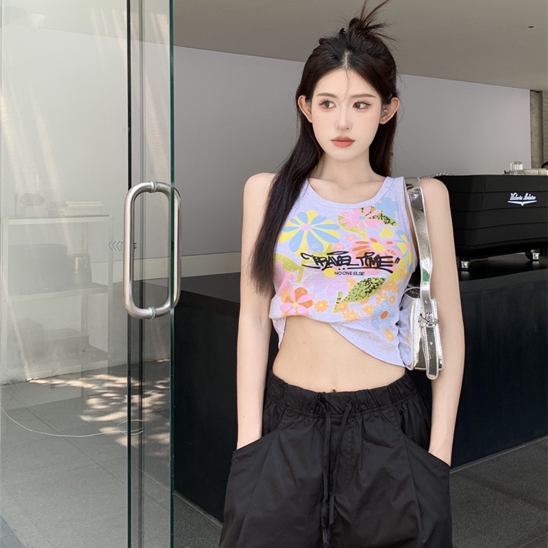 Áo Croptop Hai Dây Co Giãn In Họa Tiết Vui Nhộn